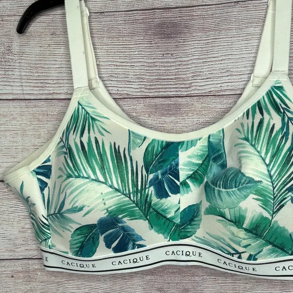 Lane Bryant Cacique Athletic Palm Leaf Tropical Wire Free Soft Cup Bra Size 44B
